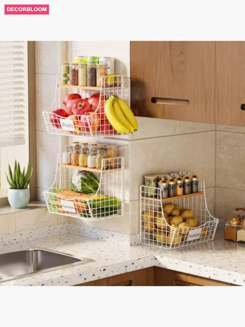 3 Tier Hanging Fruit Basket Stackable with Wood Lid, Kitchen Storage